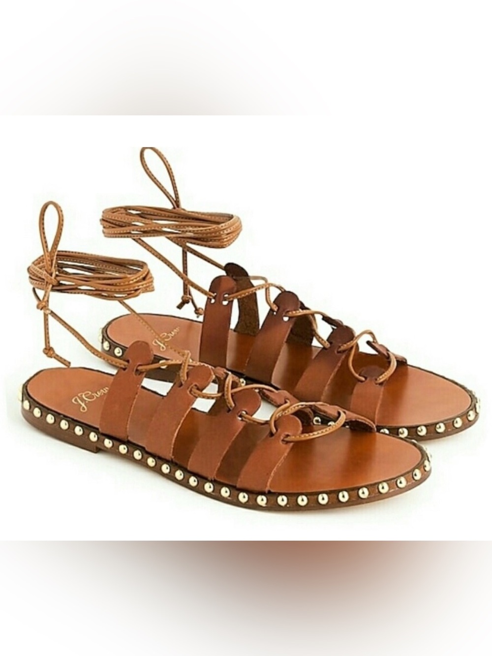 J. Crew- Women’s Leather Studded Ankle Wrap Sandals - Size 6.5 - Brown &‎ Gold